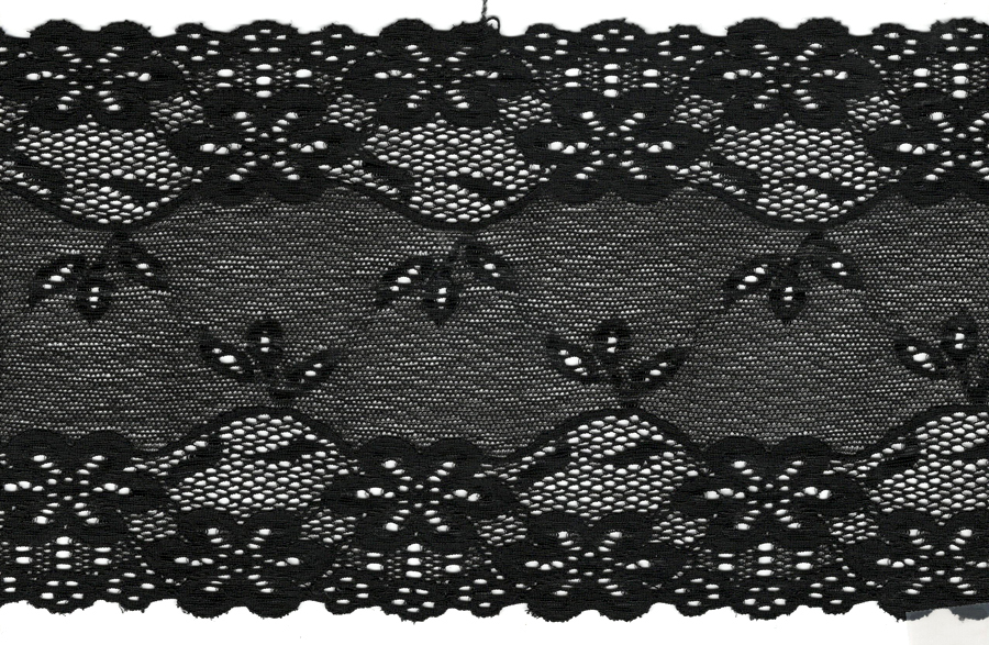 <font color="red">IN STOCK</font><br>6" Nylon Stretch Lace Floral Galloon-Black