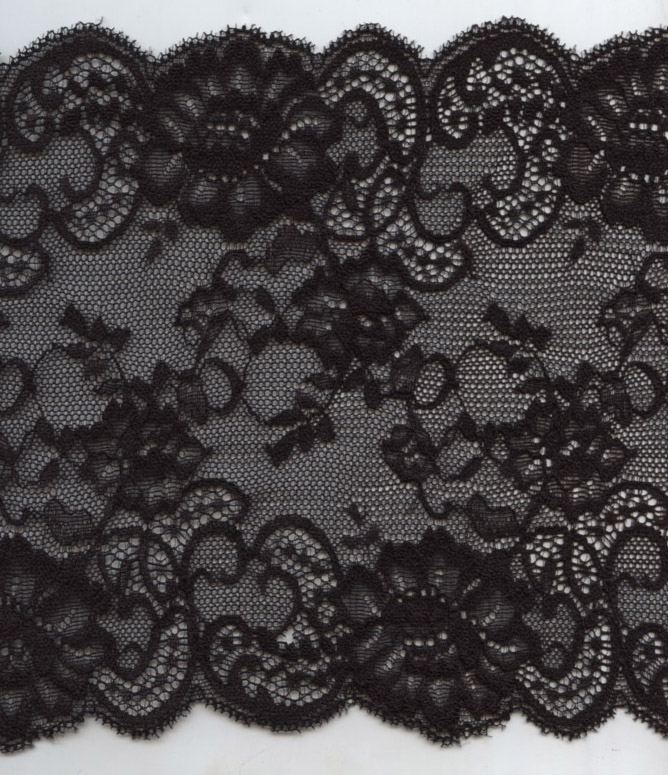 <font color="red">IN STOCK</font><br>6+3/4" Nylon Stretch Lace Floral Galloon-Black