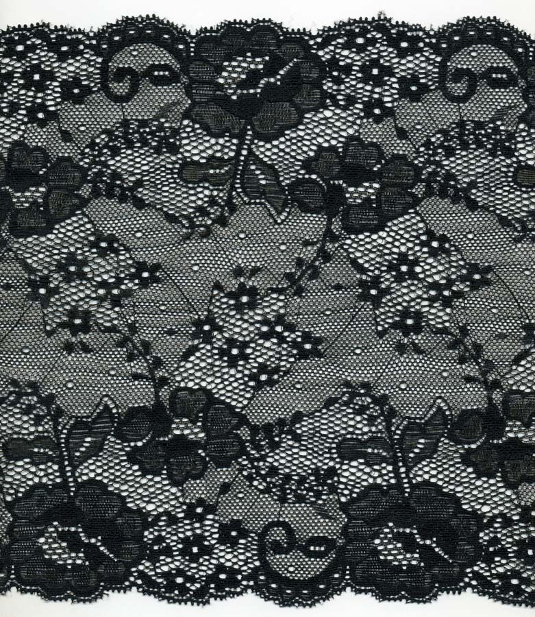 <font color="red">IN STOCK</font><br>8+5/8" Nylon Stretch Lace Floral Galloon-Black