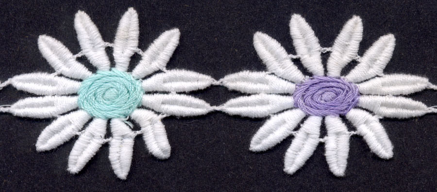 <font color="red">IN STOCK</font><br>2" Cotton Daisy Venise-White-Aqua/Lilac/Yellow Center