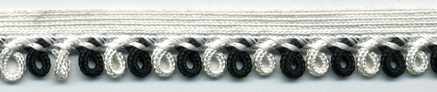 <font color="red">IN STOCK</font><br>1/2" Rayon Loop Braid Cordedge Piping-Black/White Loops/White Apron