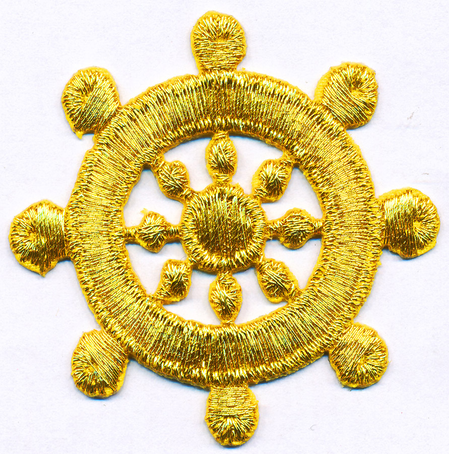 <font color="red">IN STOCK</font><br>2" Metallic Ships Wheel Applique-Gold<br>(Heat Seal)