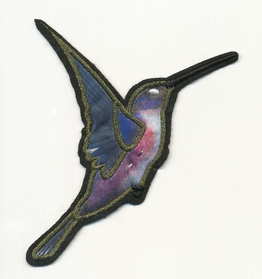 <font color="red">IN STOCK</font><br>5+3/4" x 4" Humming Bird-Black/Gold/Blue/White<br>(Sew on)