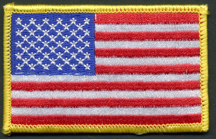 <font color="red">IN STOCK</font><br>3+3/8" x 2+1/8" USA Flag Applique-Red/White/Blue/Gold<br>(Sew on)