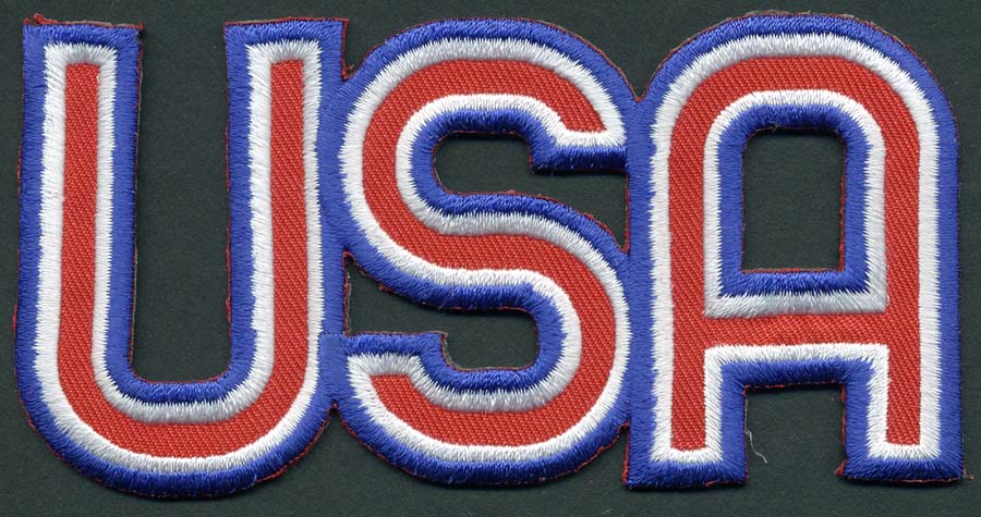 <font color="red">IN STOCK</font><br>4+5/8" x 2+3/8" USA Letter Applique-Red/White/Blue<br>(Sew on)