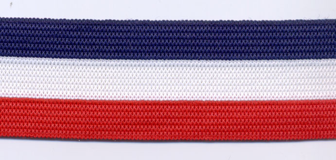 <font color="red">IN STOCK</font><br>1+1/4" poly Knit Tri Stripe Elastic-Red/White/Navy