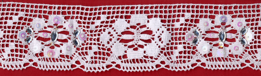 <font color="red">IN STOCK</font><br>2+5/8" Cotton Cluny Edge W/Beads+Seq+Stones-White/Crystal/Iris