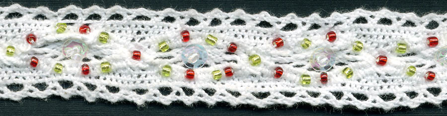 <font color="red">IN STOCK</font><br>1" Cotton Cluny Bead/Sequin Galloon-White/Red+Lime Beads