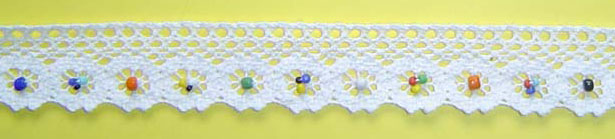 <font color="red">IN STOCK</font><br>1" Cotton Cluny Edge W/Beads-White/Multi Colors