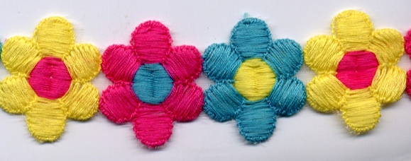 <font color="red">IN STOCK</font><br>1+1/4" Cotton Embroidered Daisy Chain-Turq Yellow Fuschia