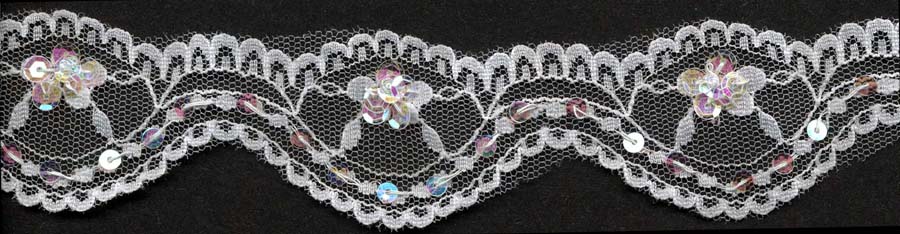 <font color="red">IN STOCK</font><br>1+3/8" Nylon Scallop Edge Lace-White/Iris Sequins