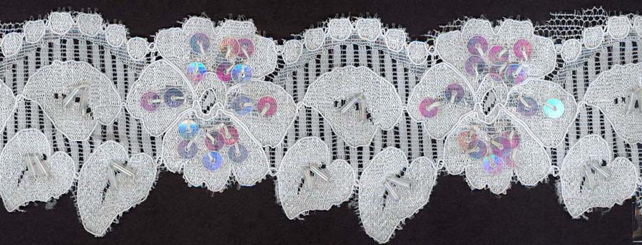 <font color="red">IN STOCK</font><br>2+3/4" Nylon Scallop Stretch Lace-White With Sequins And Beads