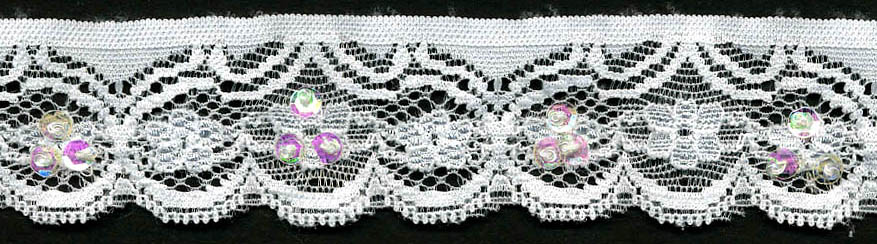 <font color="red">IN STOCK</font><br>1+3/8" Nylon Scallop Stretch Lace-White With Sequins And Beads