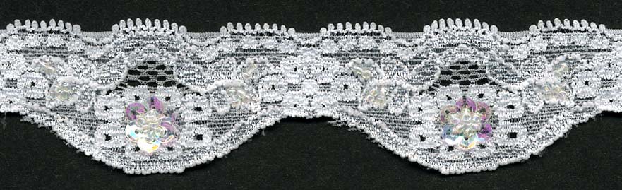 <font color="red">IN STOCK</font><br>1+1/2" Stretch Lace Scallop-White Lace With Sequin And Beads