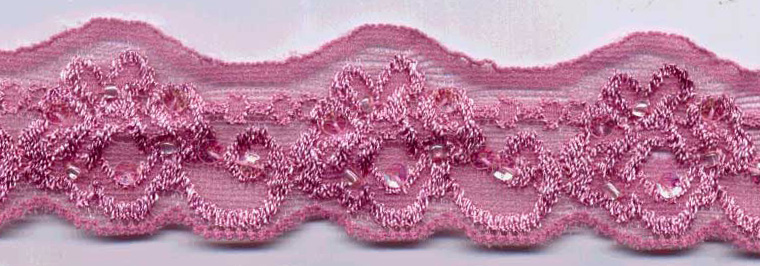 <font color="red">IN STOCK</font><br>1+1/8" Stretch Lace Scallop-Hot Pink Lace With Sequins And Beads