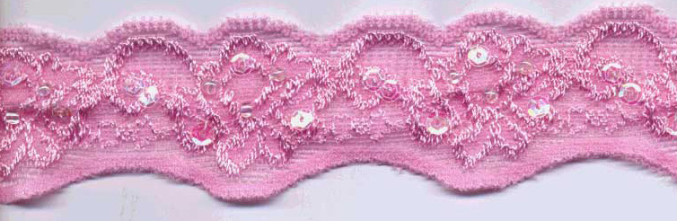 <font color="red">IN STOCK</font><br>1+1/8" Stretch Lace Scallop-Pink Lace With Sequins And Beads