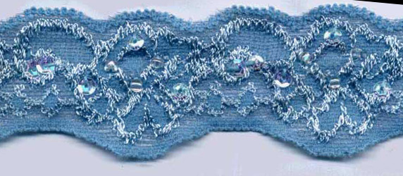 <font color="red">IN STOCK</font><br>1+1/8" Stretch Lace Scallop-Antique Blue Lace With Sequins And Beads