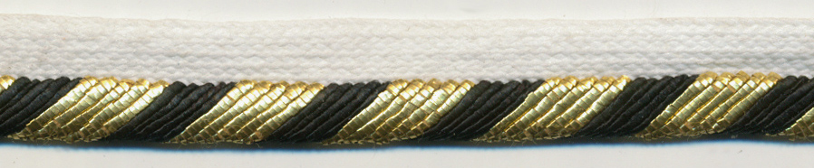 <font color="red">IN STOCK</font><br>3/8" Metallic/Rayon Cordedge Piping Stripe-Black/Gold/White Apron